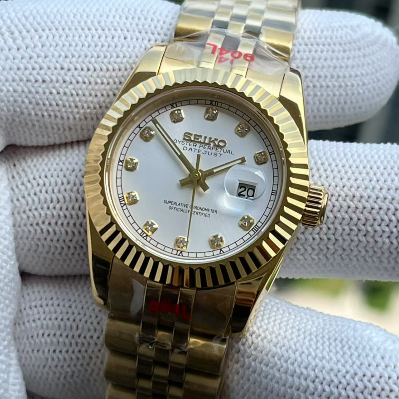 Seiko Mod Datejust Gold White Diamonds Mujer