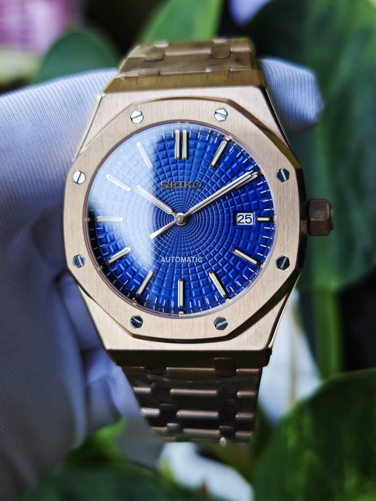 Seiko Mod Royal Oak "oro rosa y azul marino"