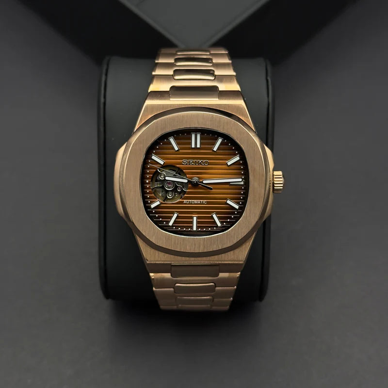 Seiko Mod Nautilus "Oro rosa y chocolate Open Heart"