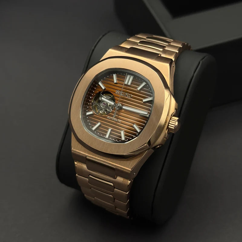 Seiko Mod Nautilus "Oro rosa y chocolate Open Heart"