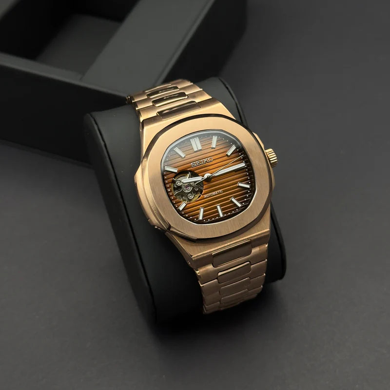 Seiko Mod Nautilus "Oro rosa y chocolate Open Heart"