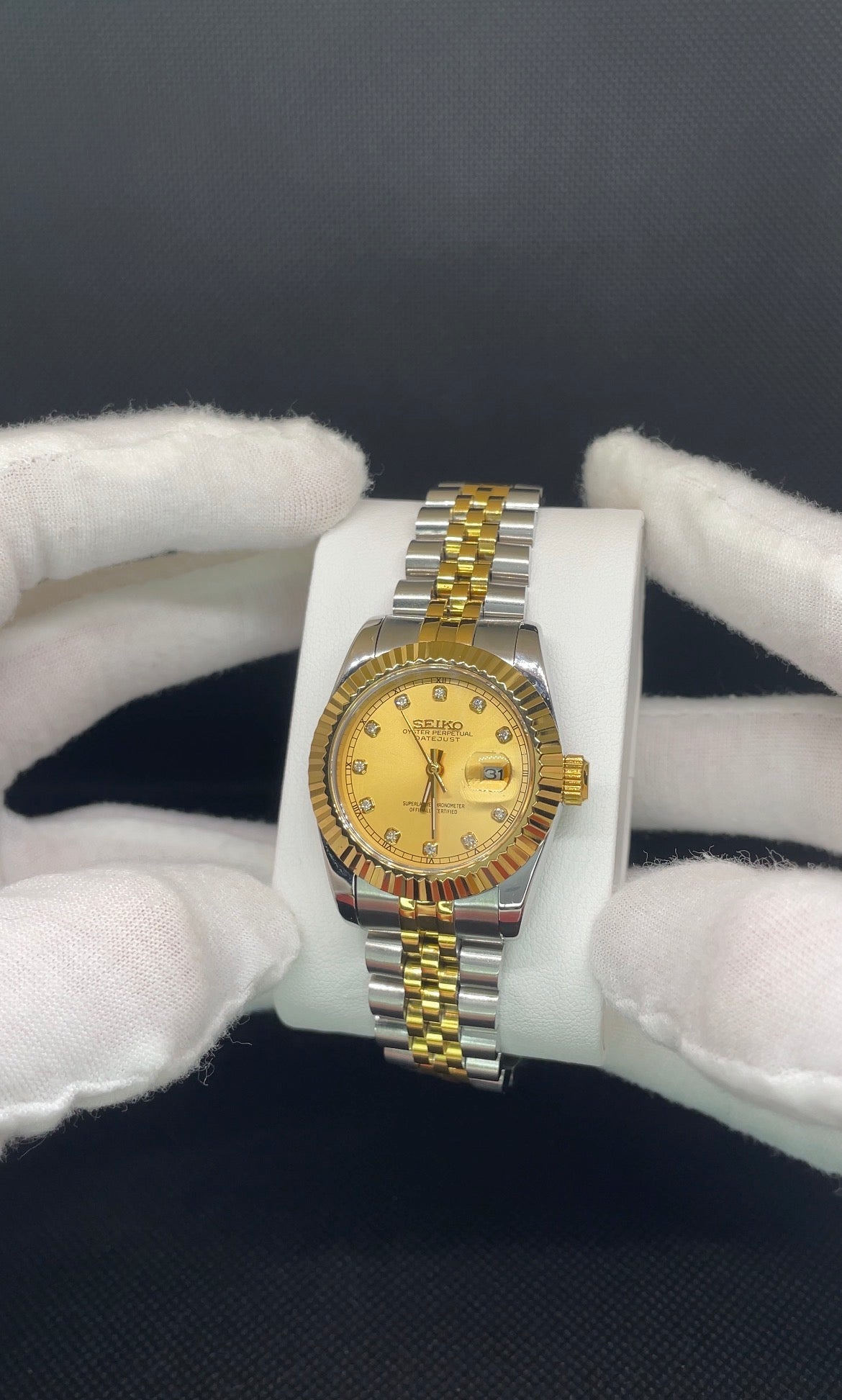 Seiko Mod Datejust Two Tones Champagne Mujer