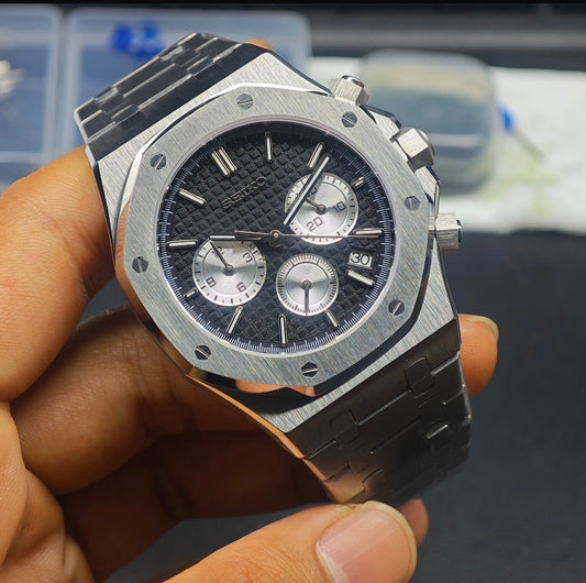 Seiko Mod Royal Oak Chronograph Black and Silver