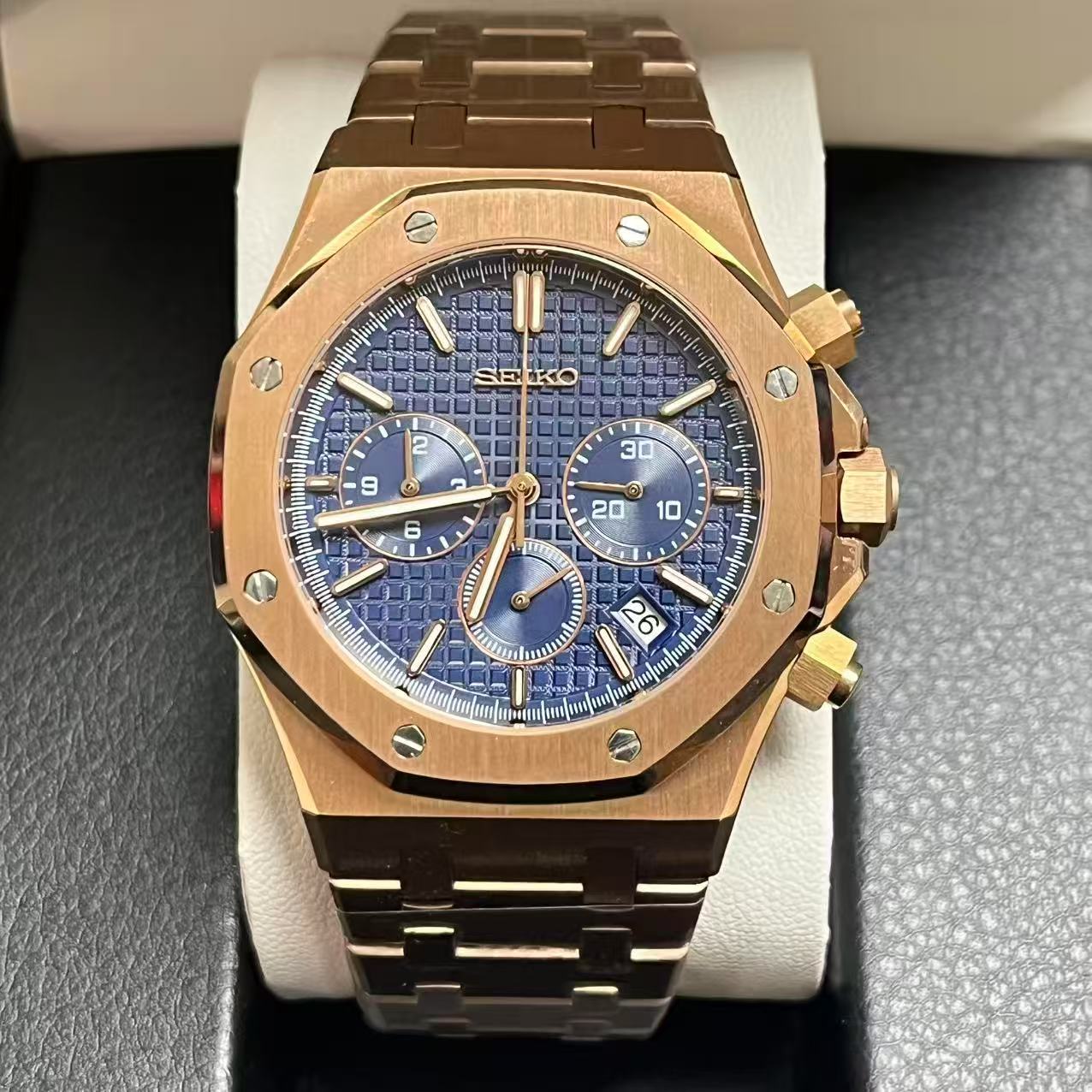 Seiko Mod Royal Oak Chronograph "Oro Rosa dial azul"